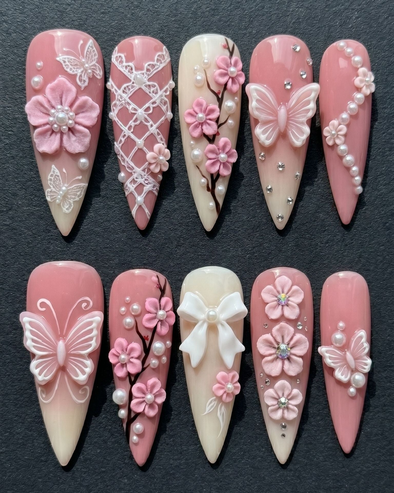 3D Cherry Blossom & Butterfly Press-On Nails | Pink Pearl Floral Stiletto | Custom Press-On Nails — LuxepressCo
