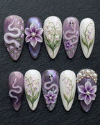 Purple Snake & Floral 3D Press-On Nails | Lily of the Valley | Almond | Custom Press-On Nails | LuxepressCo