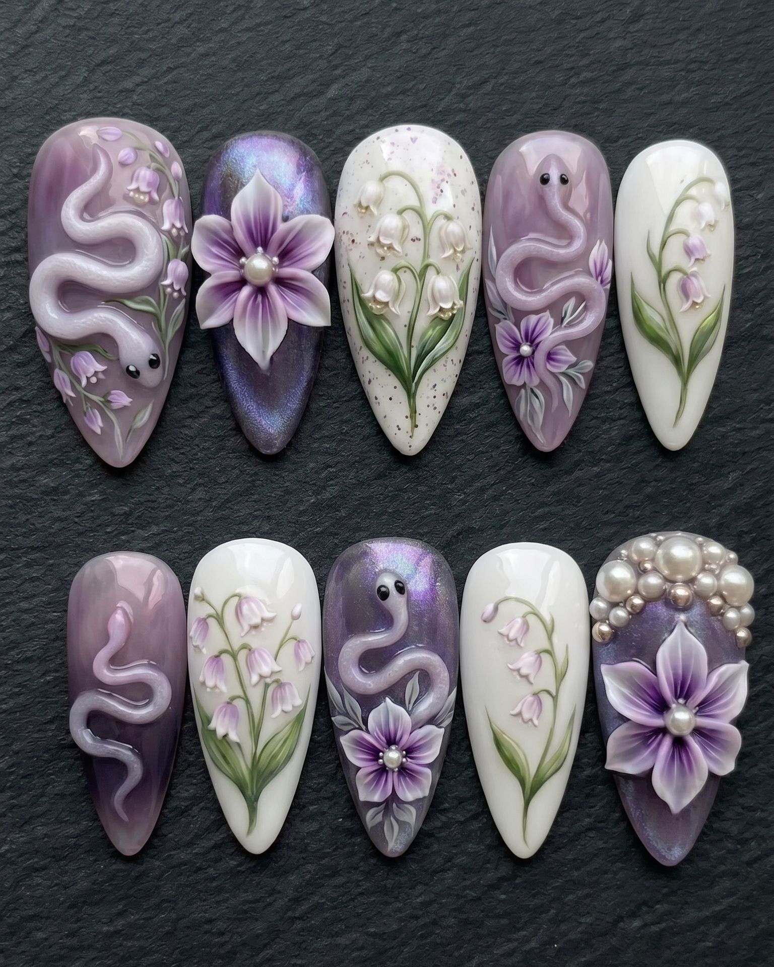 Purple Snake & Floral 3D Press-On Nails | Lily of the Valley | Almond | Custom Press-On Nails | LuxepressCo
