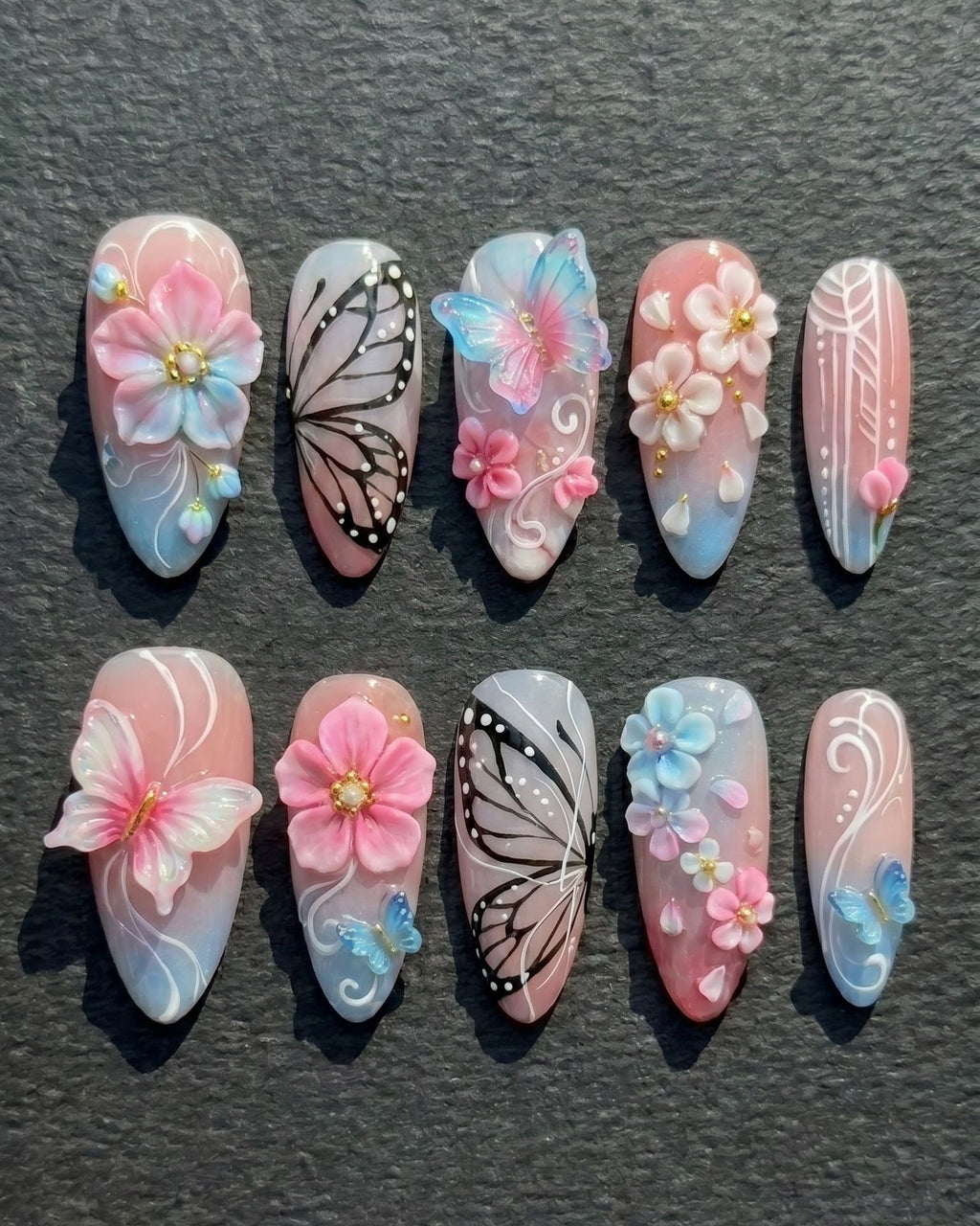 3D Butterfly & Sakura Blossom Press-On Nails | Custom Press-On Nails