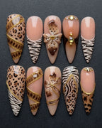 Animal Print Press-On Nails | Leopard Zebra Gold Chain 3D Floral Rhinestone | Custom Press-On Nails