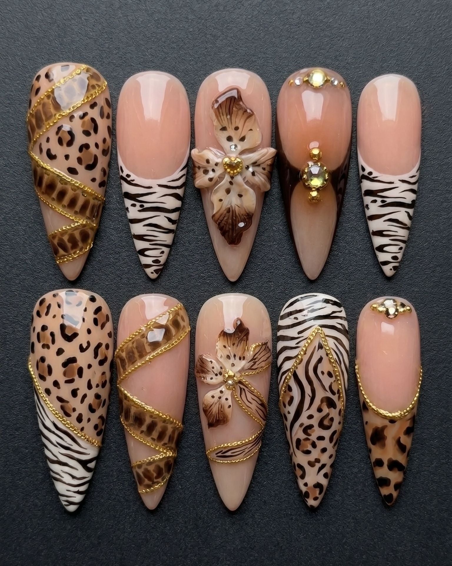 Animal Print Press-On Nails | Leopard Zebra Gold Chain 3D Floral Rhinestone | Custom Press-On Nails