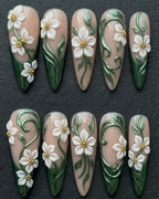 3D White Jasmine & Emerald Chrome Press-On Nails | Sheer Nude Floral | Custom Press-On Nails — LuxepressCo