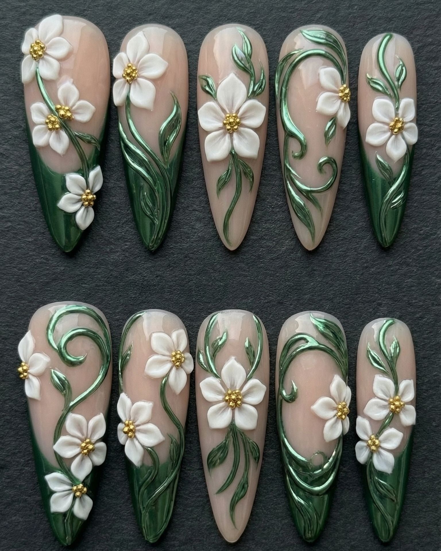 3D White Jasmine & Emerald Chrome Press-On Nails | Sheer Nude Floral | Custom Press-On Nails — LuxepressCo