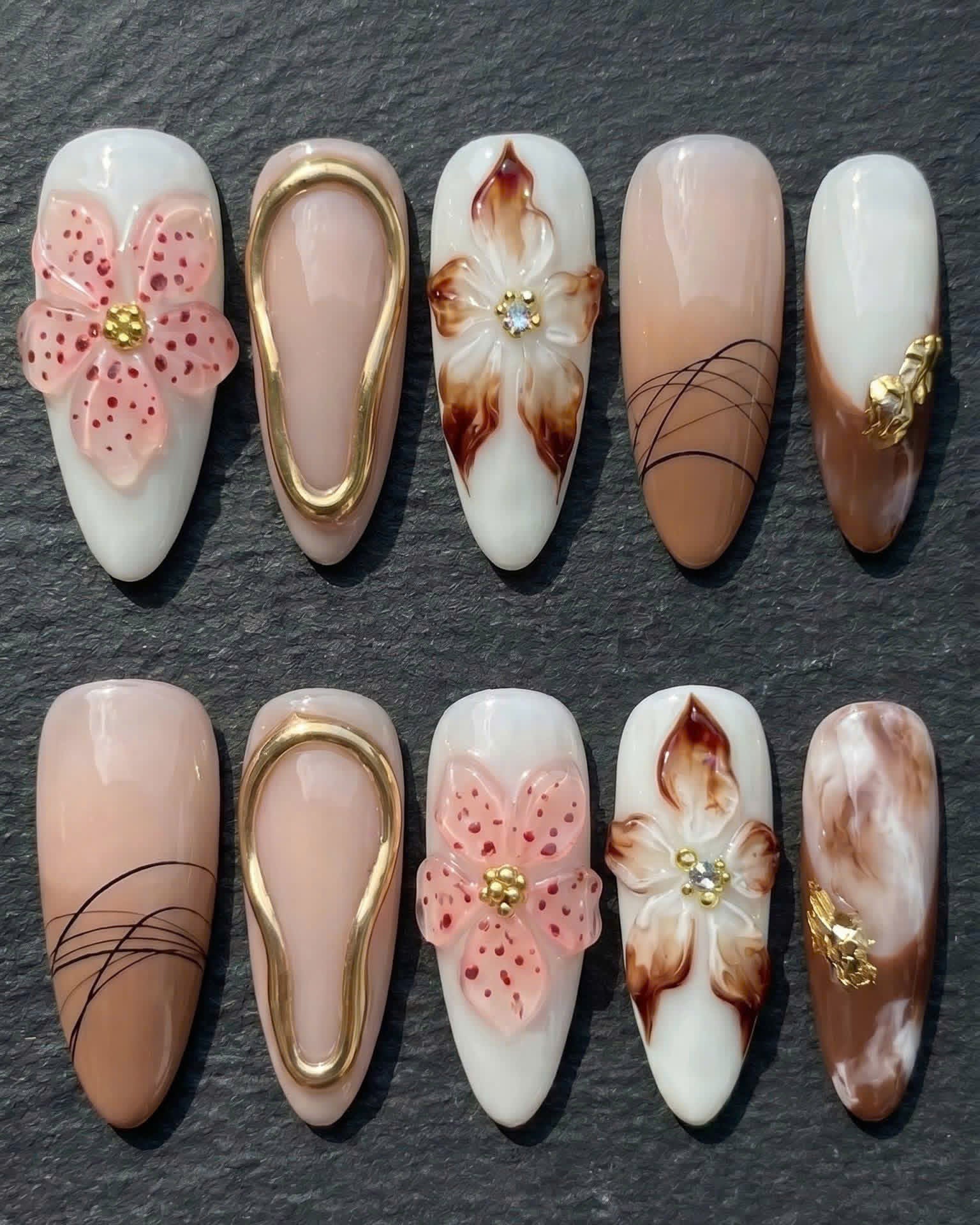 3D Pink Flower Gold Frame Magnolia Marble Press-On Nails | Custom Press-On Nails | LuxepressCo