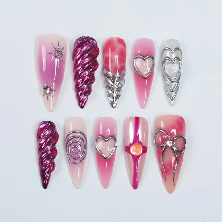 Angel Wing & Heart Chrome Press-On Nails | Pink Purple Aurora Stiletto | Custom Press-On Nails | LuxepressCo
