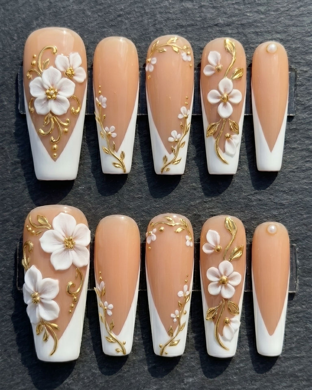 3D White Floral Gold Vine Press-On Nails | Bridal Nude Coffin | Custom Press-On Nails | LuxepressCo