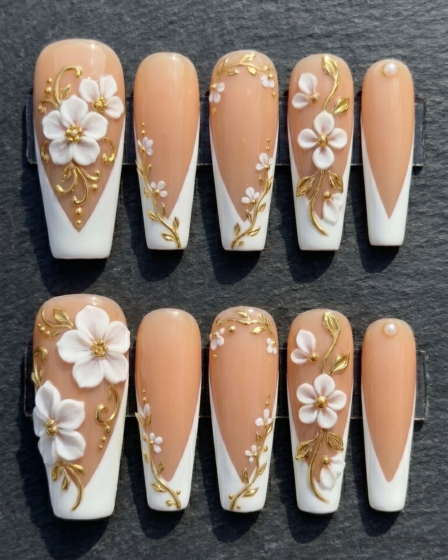 3D White Floral Gold Vine Press-On Nails | Bridal Nude Coffin | Custom Press-On Nails | LuxepressCo