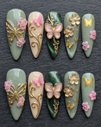 3D Gold Butterfly Sage Green Press-On Nails | Emerald Chrome Pearl Floral | Custom Press-On Nails — LuxepressCo