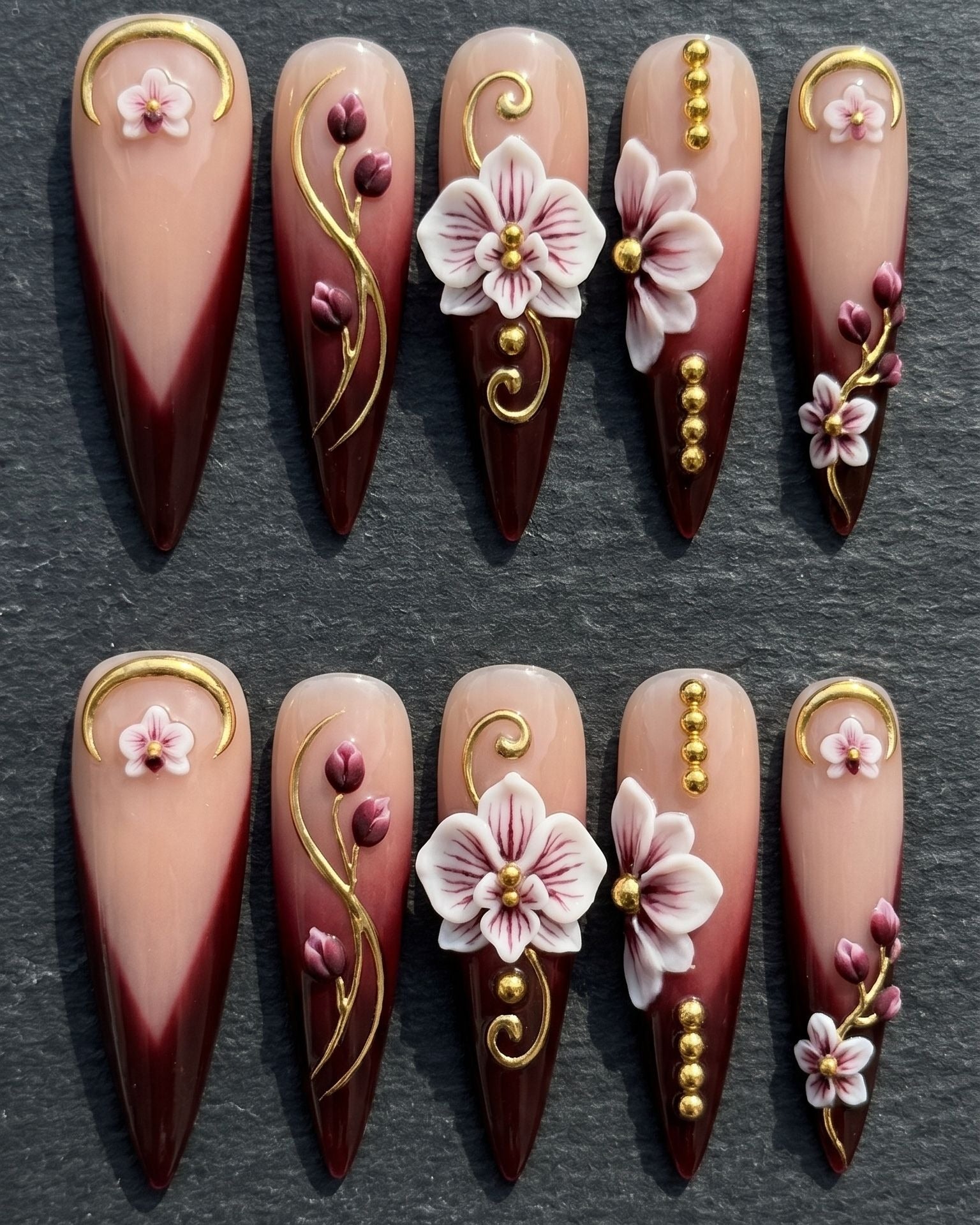 3D Orchid Floral Press-On Nails | Burgundy Ombre Stiletto | Custom Press-On Nails | LuxepressCo