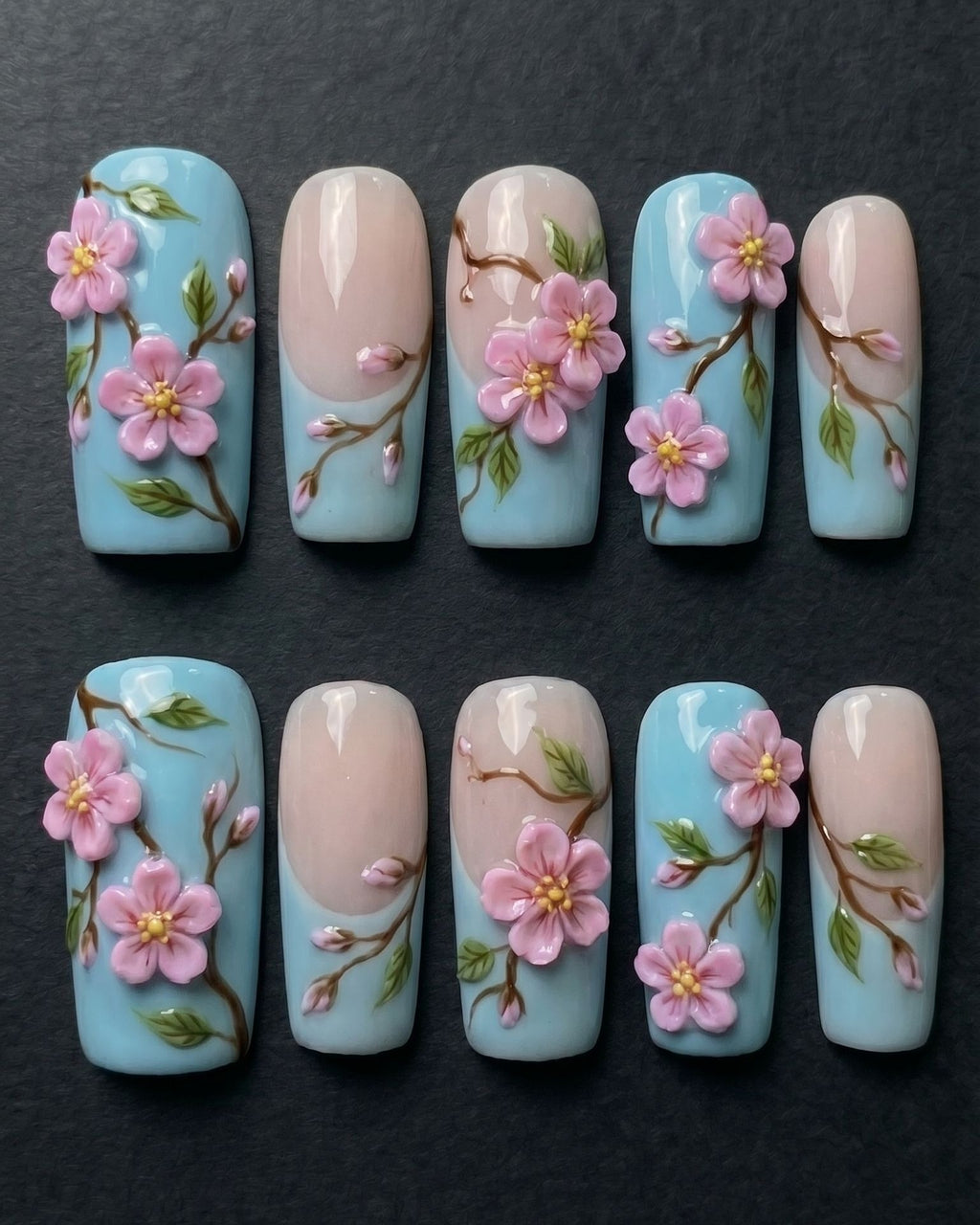 3D Cherry Blossom Press-On Nails | Blue & Nude Floral Nail Set | Custom Press-On Nails