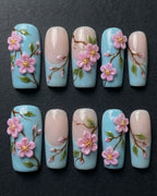 3D Cherry Blossom Press-On Nails | Blue & Nude Floral Nail Set | Custom Press-On Nails