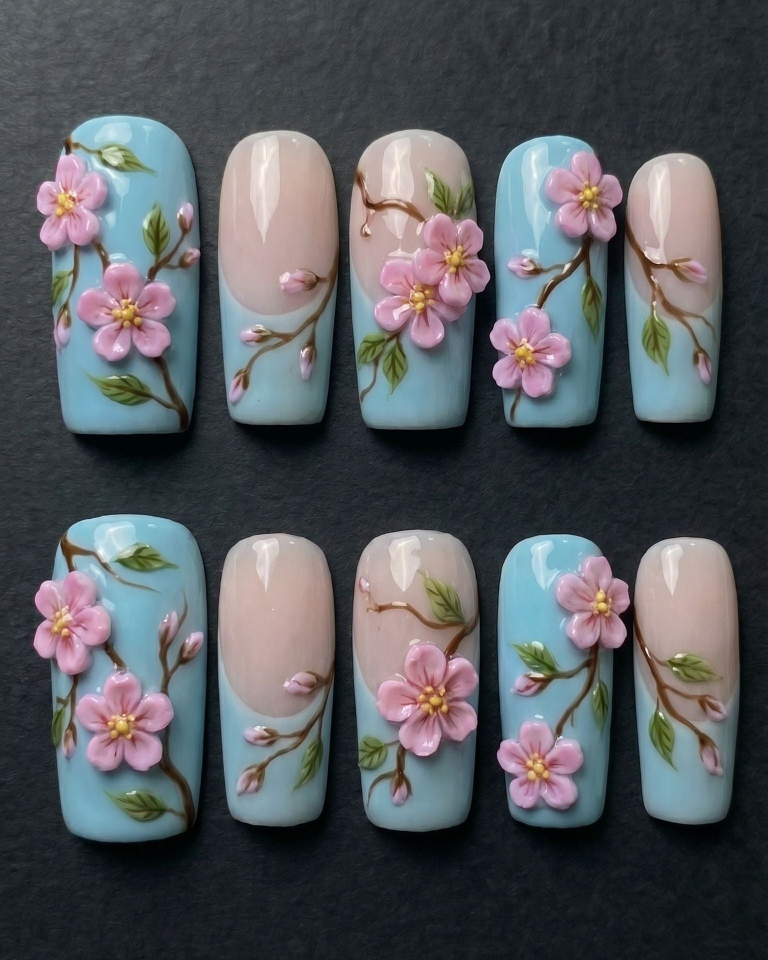 3D Cherry Blossom Press-On Nails | Blue & Nude Floral Nail Set | Custom Press-On Nails
