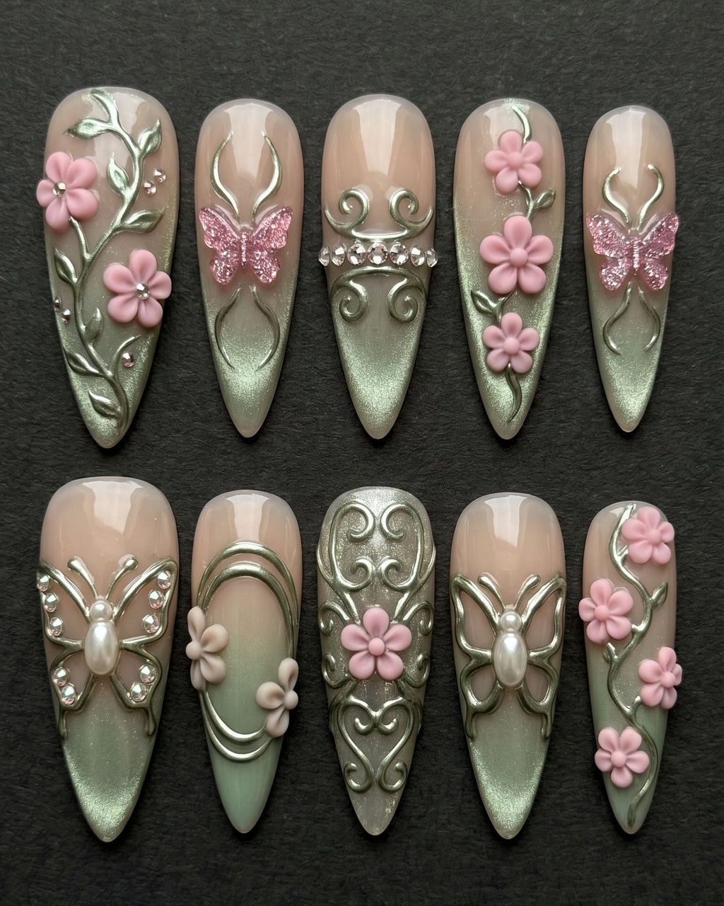 3D Butterfly & Floral Chrome Press-On Nails | Sage Green Pearl Stiletto | Custom Press-On Nails | LuxepressCo