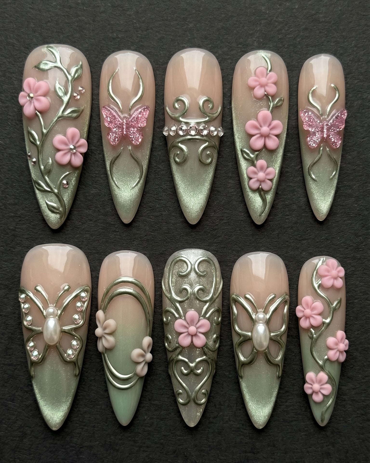 3D Butterfly & Floral Chrome Press-On Nails | Sage Green Pearl Stiletto | Custom Press-On Nails | LuxepressCo