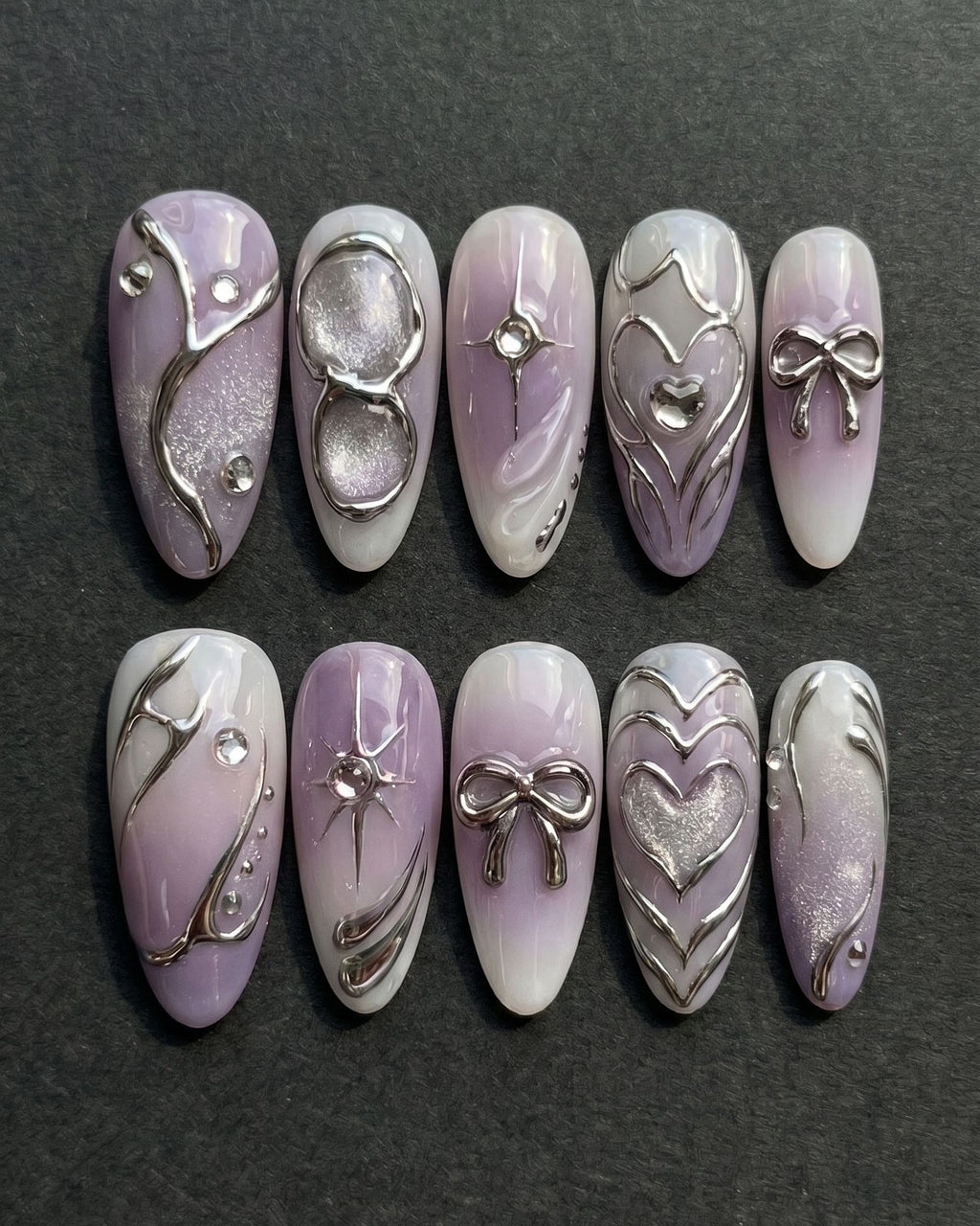 Chrome 3D Bow & Heart Press-On Nails | Lavender Purple Ombre Almond | Custom Press-On Nails | LuxepressCo