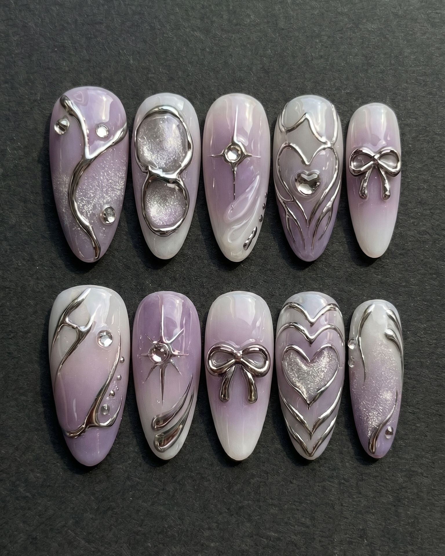 Chrome 3D Bow & Heart Press-On Nails | Lavender Purple Ombre Almond | Custom Press-On Nails | LuxepressCo