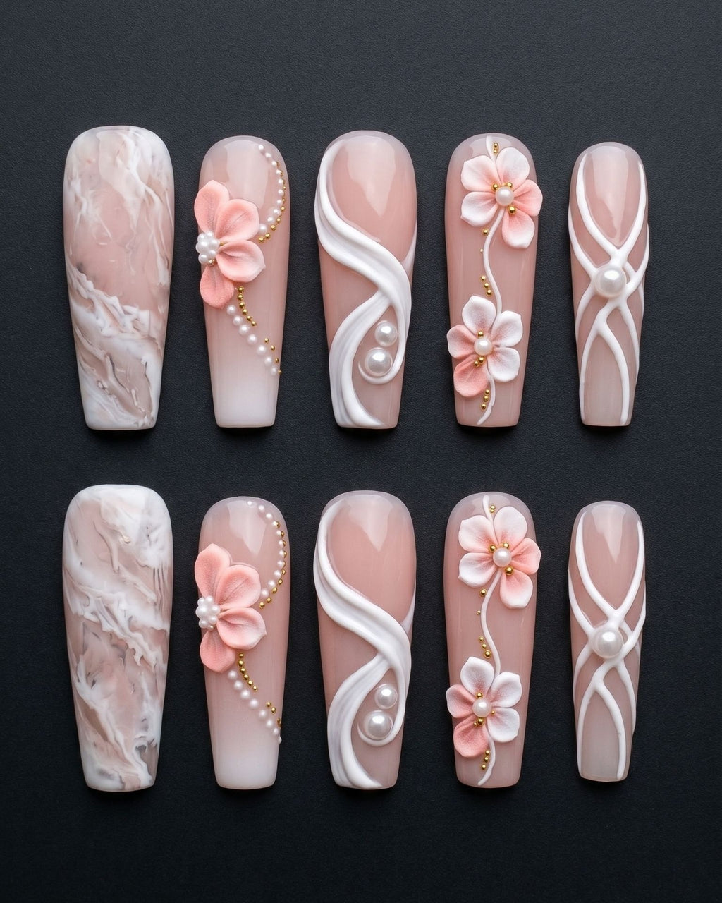 3D Pearl Blossom Marble Press-On Nails | Luxury Bridal Nails | Custom Press-On Nails | LuxepressCo