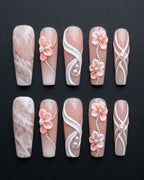 3D Pearl Blossom Marble Press-On Nails | Luxury Bridal Nails | Custom Press-On Nails | LuxepressCo