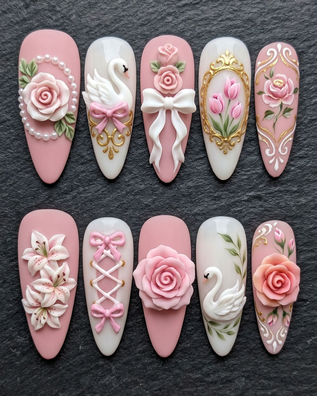 3D Rose Swan Baroque Press-On Nails | Pink Floral Pearl Bow Luxury Set | Custom Press-On Nails