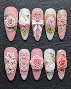 3D Rose Swan Baroque Press-On Nails | Pink Floral Pearl Bow Luxury Set | Custom Press-On Nails