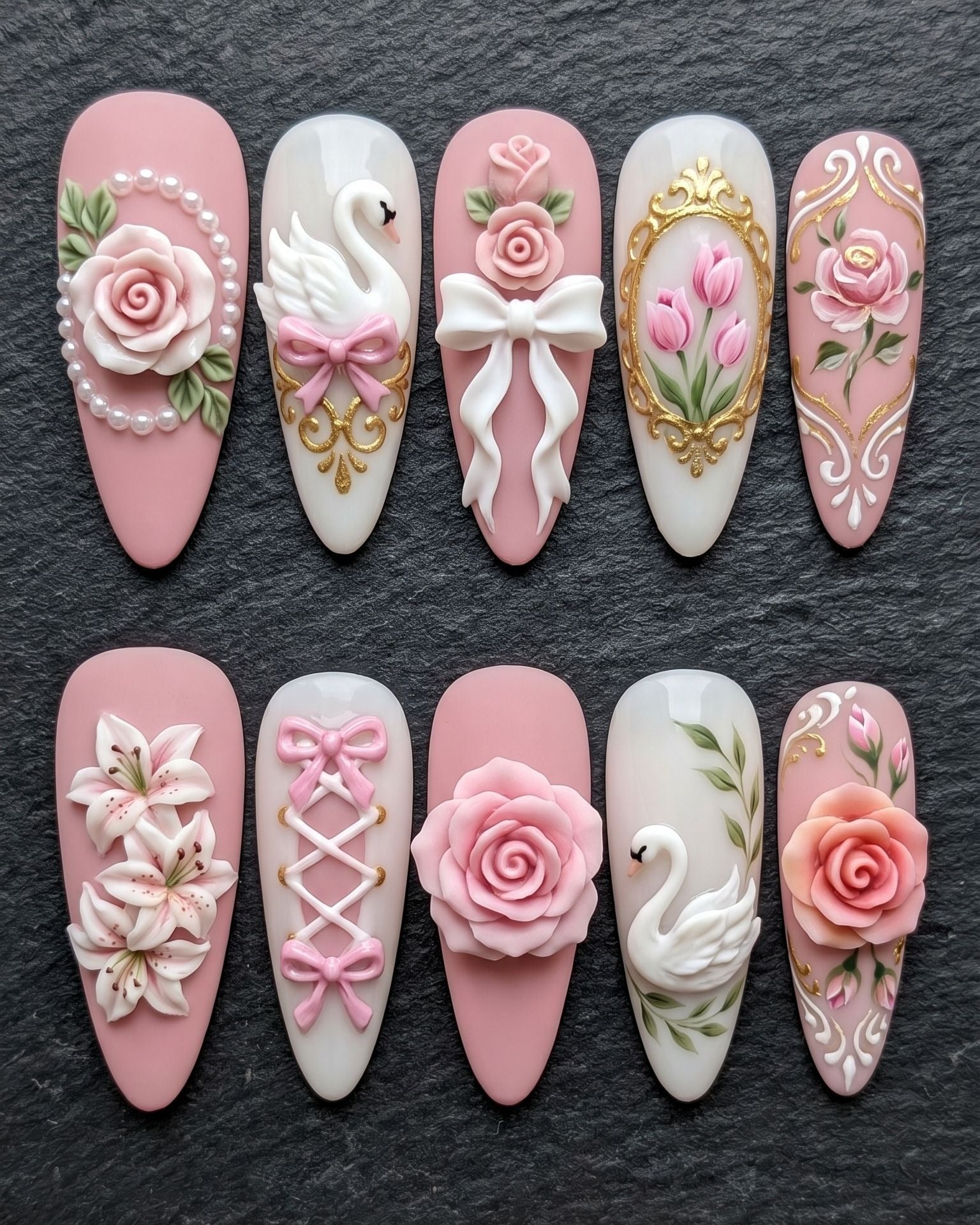 3D Rose Swan Baroque Press-On Nails | Pink Floral Pearl Bow Luxury Set | Custom Press-On Nails