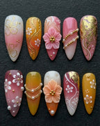 3D Floral Press-On Nails Pink Gold | Pearl Chain Almond Nails | Custom Press-On Nails — LuxepressCo