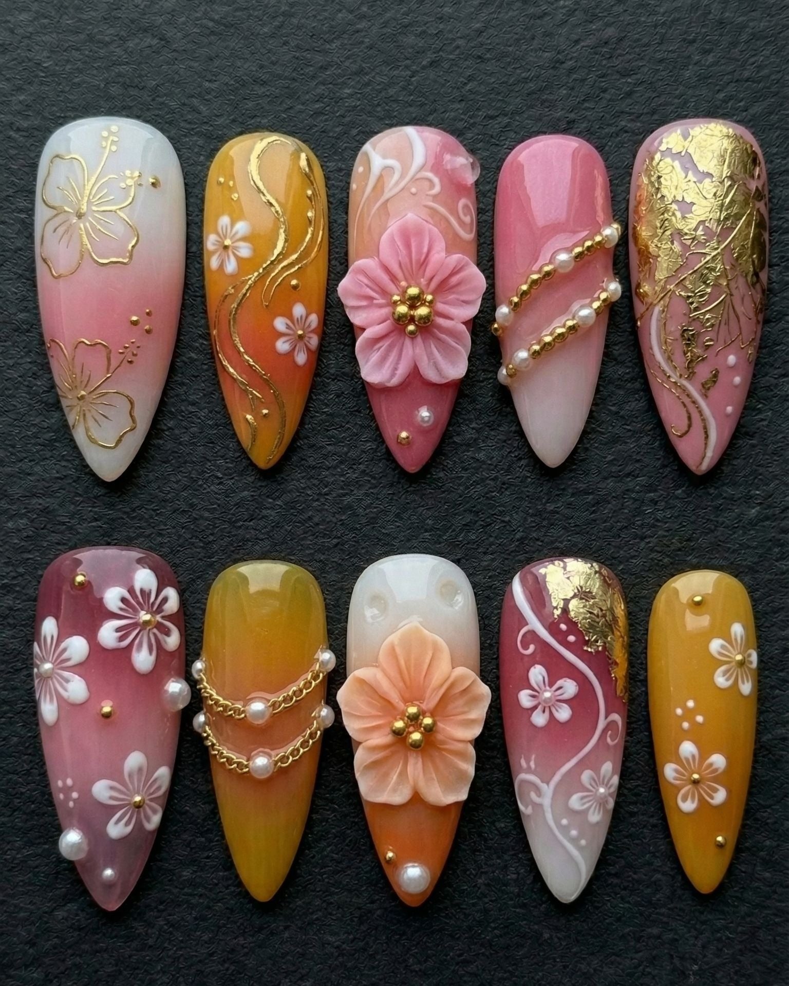 3D Floral Press-On Nails Pink Gold | Pearl Chain Almond Nails | Custom Press-On Nails — LuxepressCo