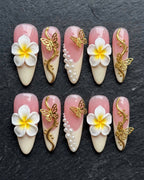 3D Plumeria Gold Butterfly Pearl Blush Ombre Press-On Nails | Custom Press-On Nails | LuxepressCo