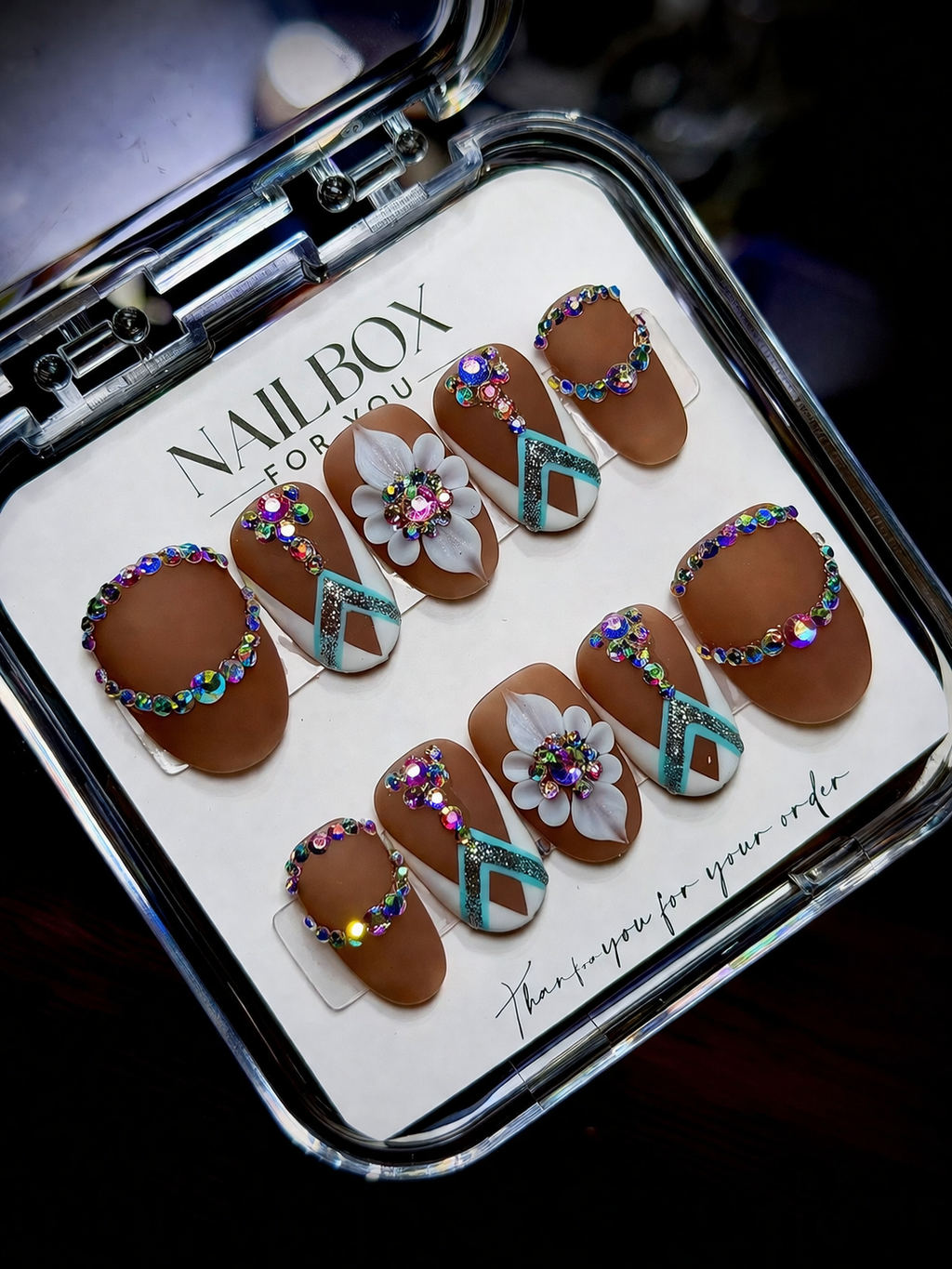 Brown Rhinestone 3D Floral Boho | Custom Press-On Nails