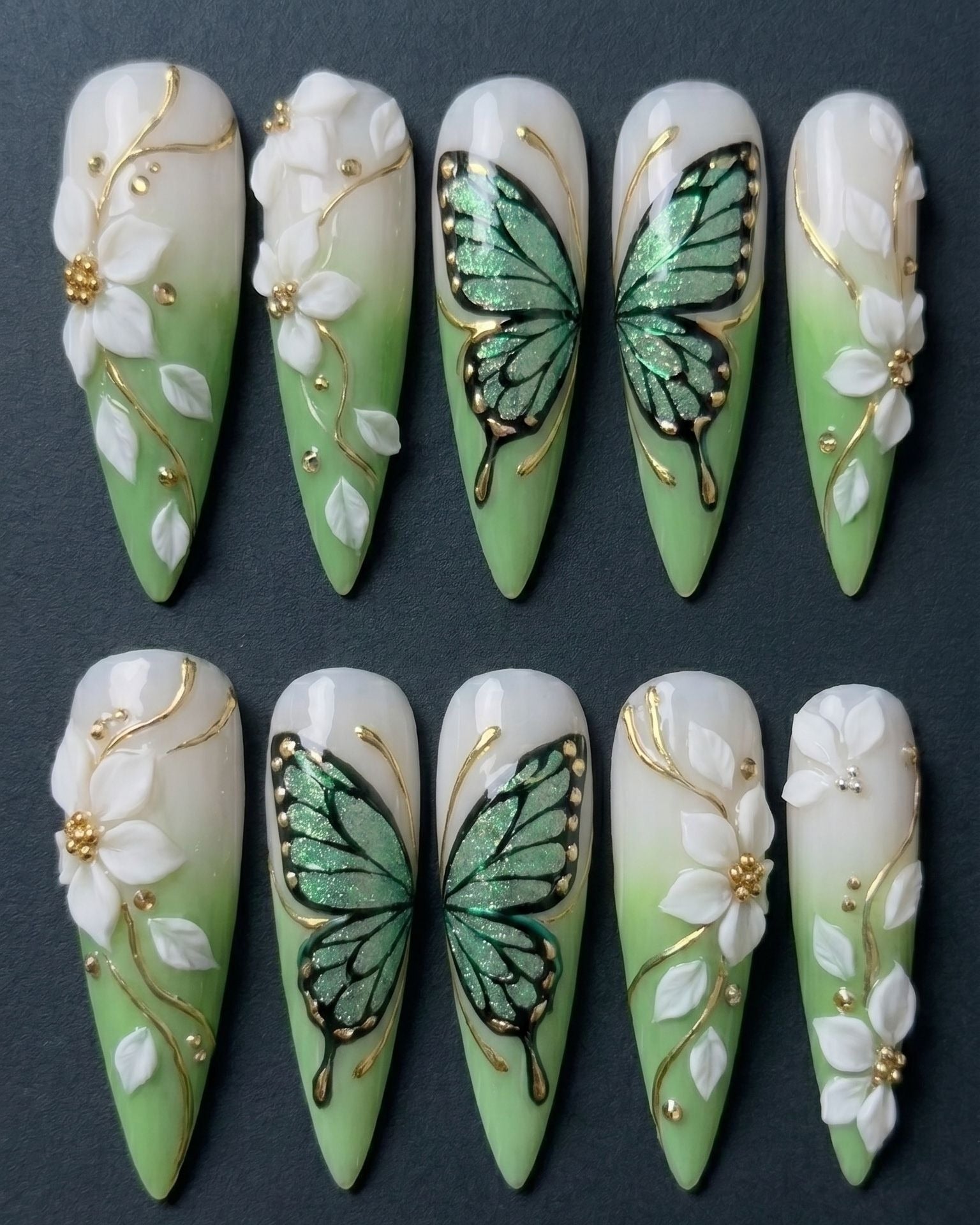 Green Butterfly & 3D Floral Stiletto Press-On Nails | Custom Press-On Nails