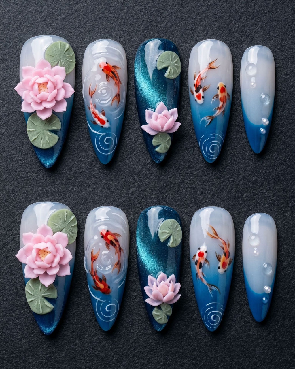 Koi Fish & Lotus 3D Press-On Nails | Blue Water Art Almond Nails | Custom Press-On Nails | LuxepressCo