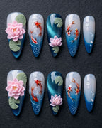 Koi Fish & Lotus 3D Press-On Nails | Blue Water Art Almond Nails | Custom Press-On Nails | LuxepressCo