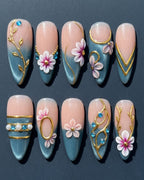3D Floral Press-On Nails | Blue Teal Gold Vine Pearl Rhinestone | Custom Press-On Nails — LuxepressCo
