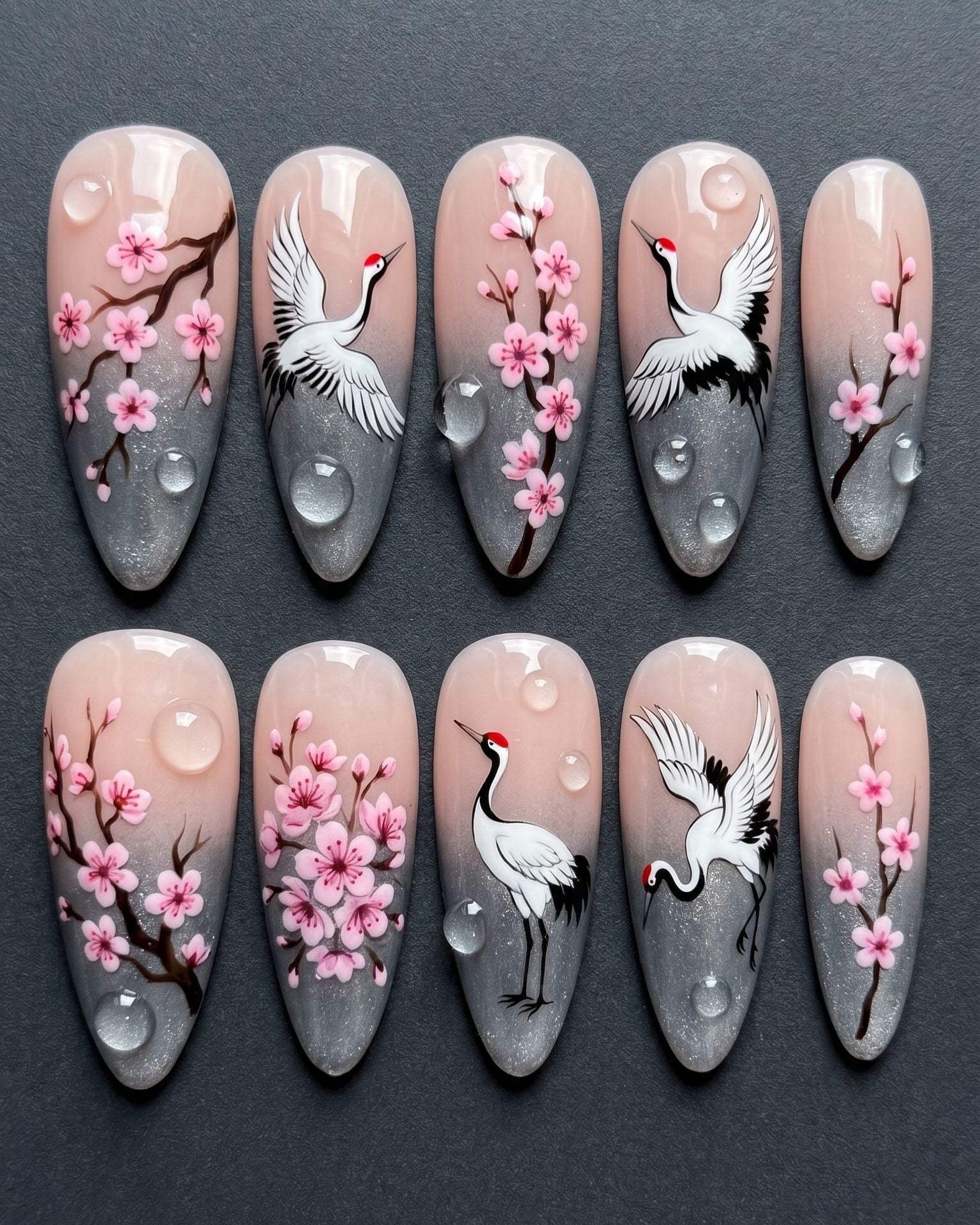 Japanese Crane & Cherry Blossom Press-On Nails | Almond Ink Art | Custom Press-On Nails | LuxepressCo
