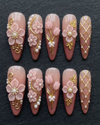 3D Floral Pearl Press-On Nails | Pink Gold Luxury Almond Nails | Custom Press-On Nails | LuxepressCo