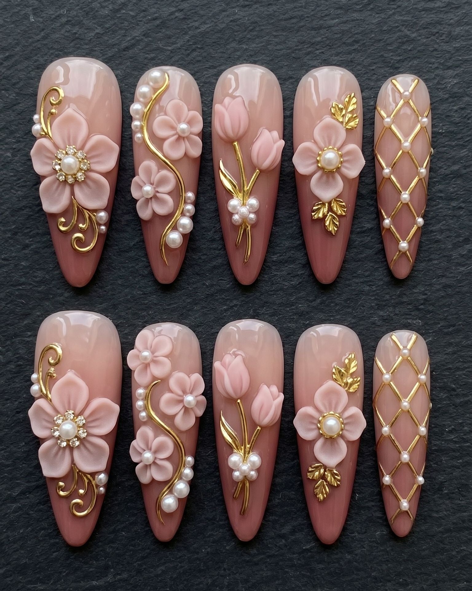 3D Floral Pearl Press-On Nails | Pink Gold Luxury Almond Nails | Custom Press-On Nails | LuxepressCo