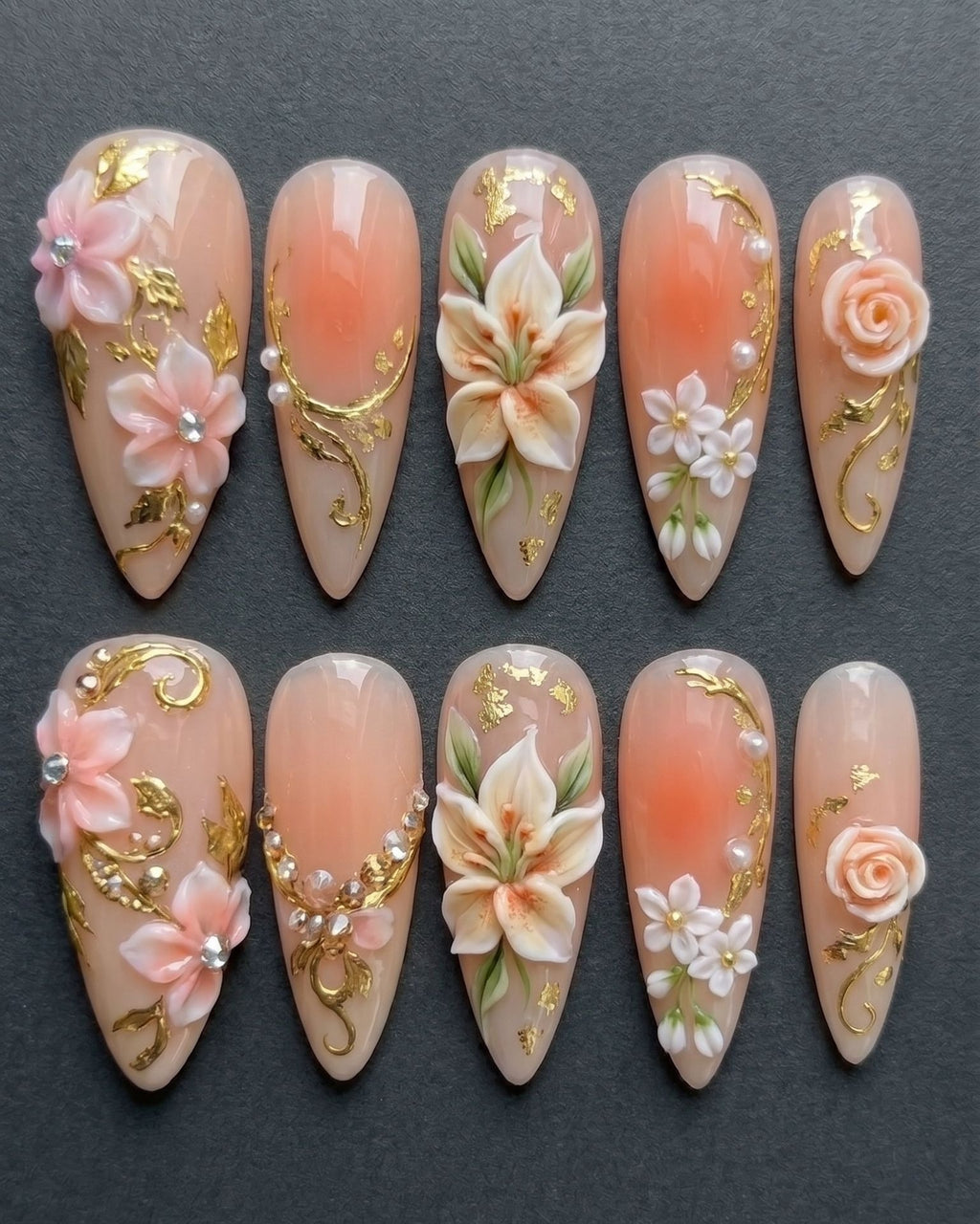 3D Floral & Gold Foil Press-On Nails | Peach Nude Stiletto | Custom Press-On Nails | LuxepressCo