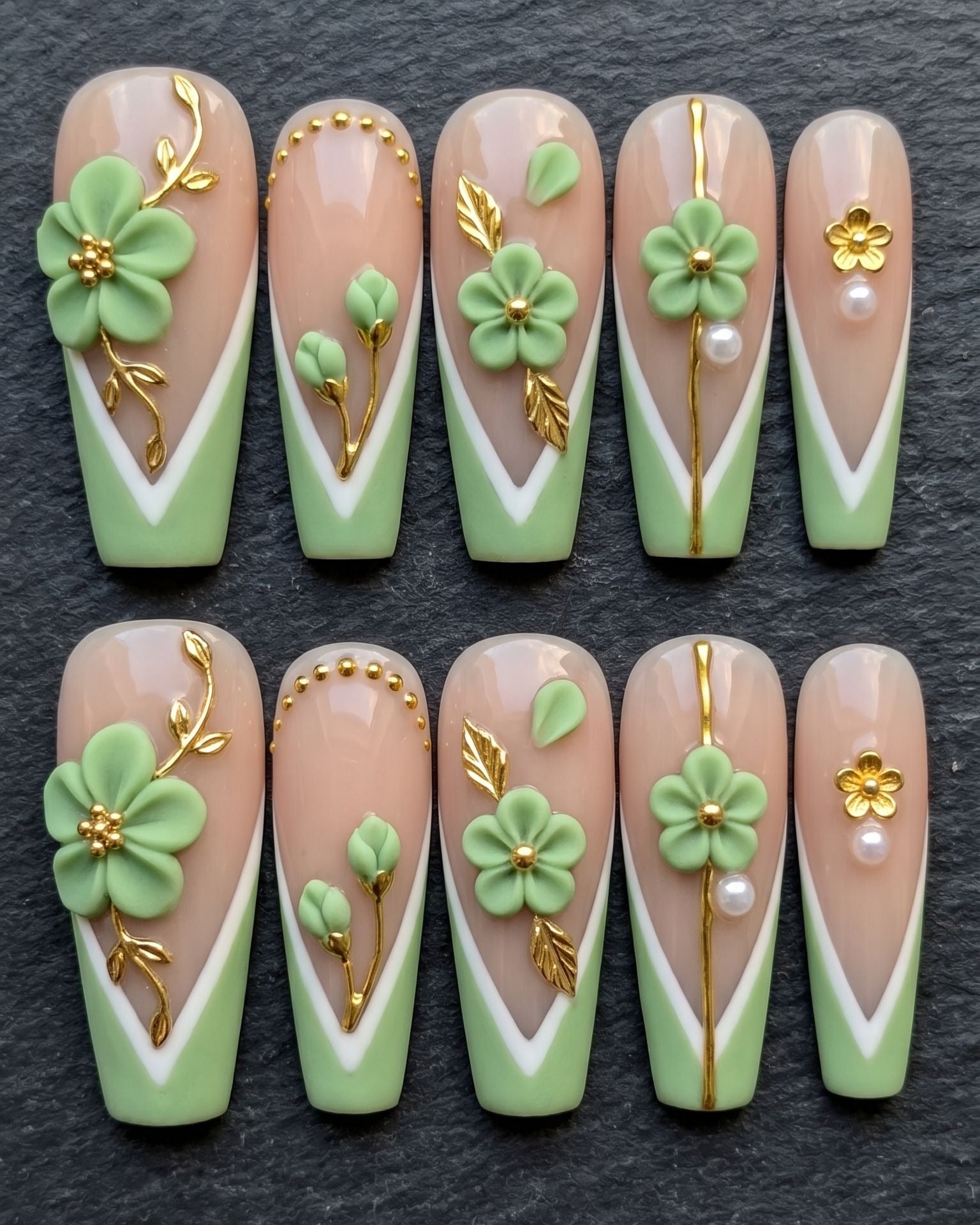 Sage Green 3D Floral Press-On Nails | Pearl & Gold Vine | Custom Press-On Nails | LuxepressCo