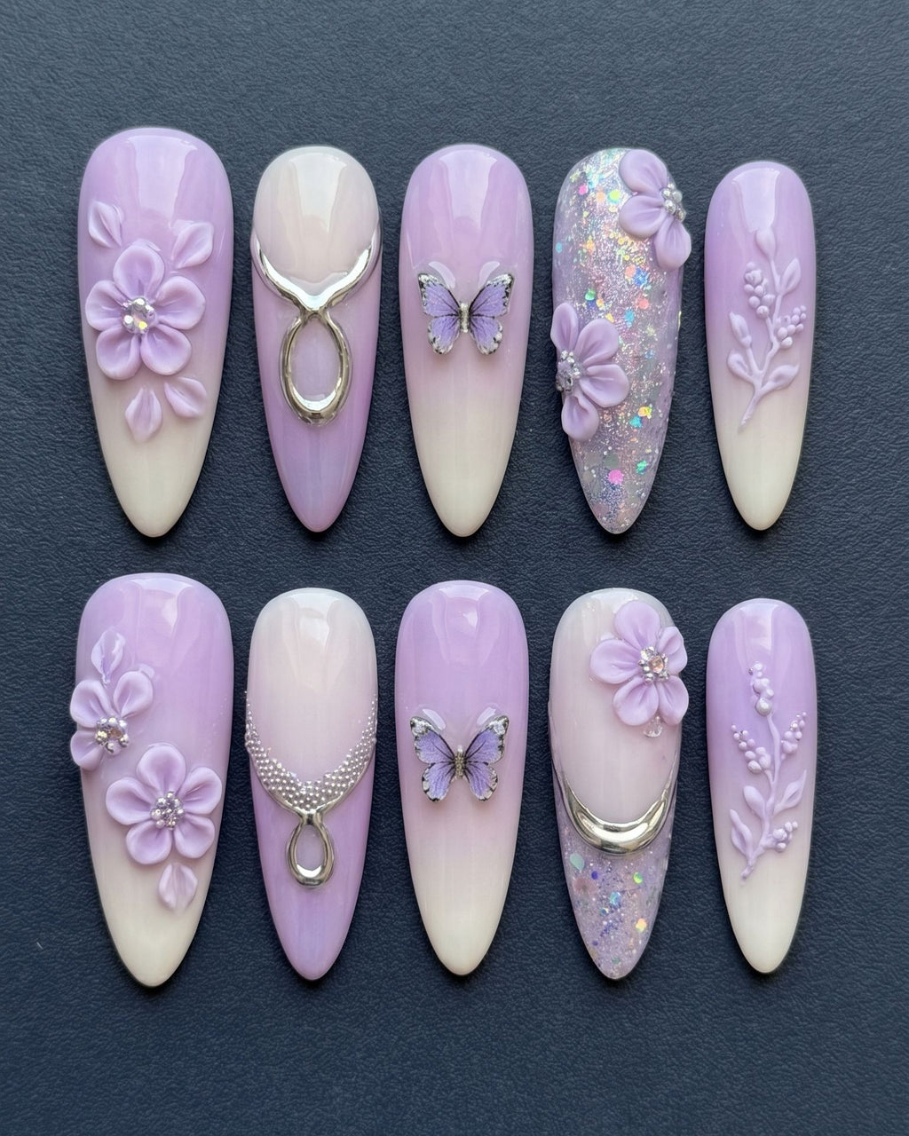 3D Floral Butterfly Almond Press-On Nails | Lavender Purple | Custom Press-On Nails