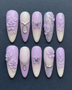 3D Floral Butterfly Almond Press-On Nails | Lavender Purple | Custom Press-On Nails