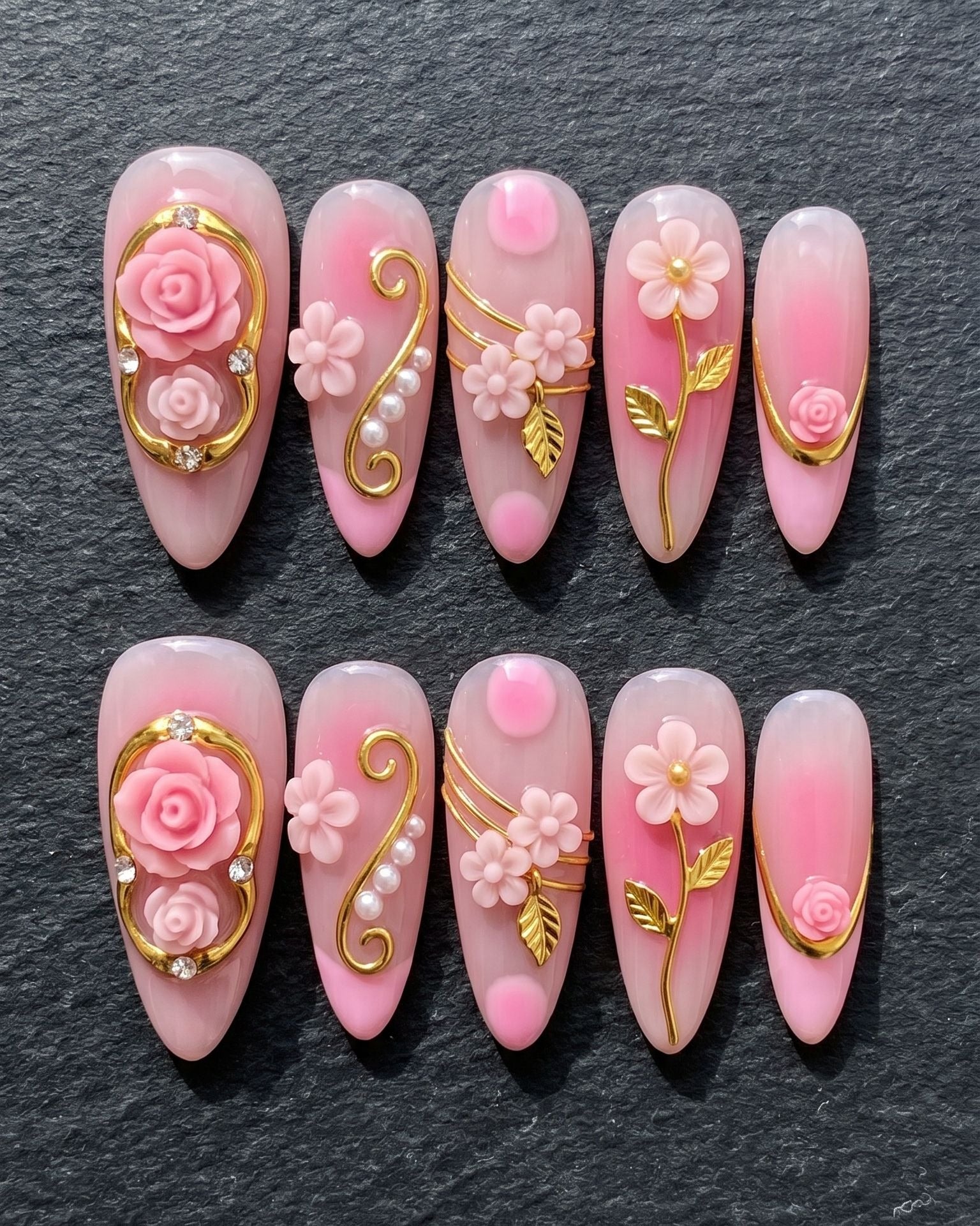 3D Pink Rose Gold Press-On Nails | Almond Long Luxury Nails | Custom Press-On Nails | LuxepressCo