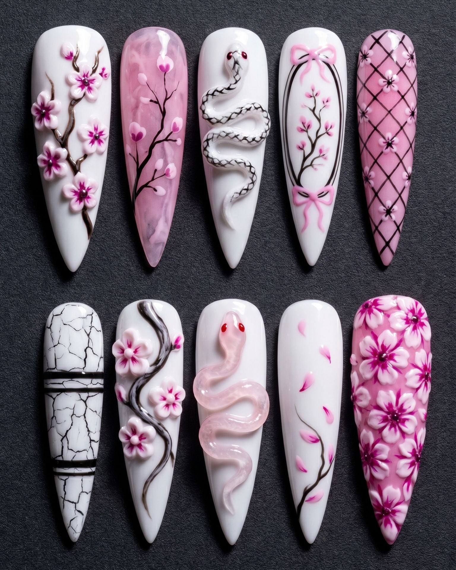 Cherry Blossom Snake 3D Press-On Nails | Stiletto Almond | Custom Press-On Nails | LuxepressCo