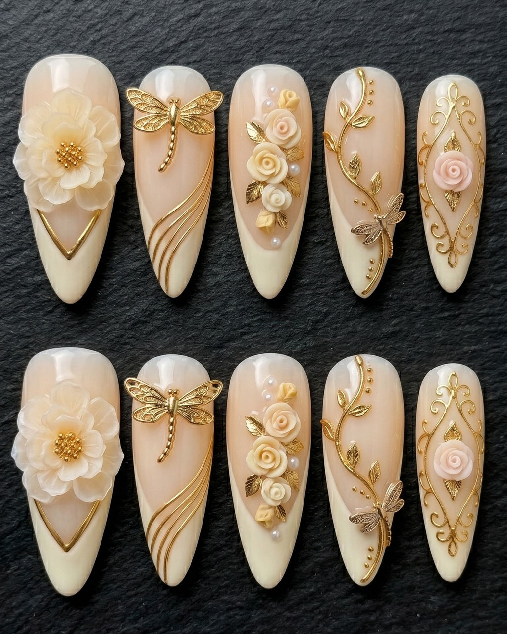 Gold Dragonfly & 3D Floral Press-On Nails | Cream Ivory Almond | Custom Press-On Nails | LuxepressCo