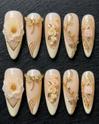 Gold Dragonfly & 3D Floral Press-On Nails | Cream Ivory Almond | Custom Press-On Nails | LuxepressCo