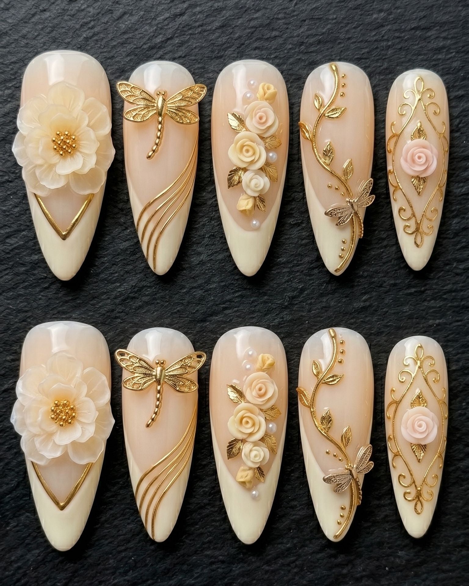 Gold Dragonfly & 3D Floral Press-On Nails | Cream Ivory Almond | Custom Press-On Nails | LuxepressCo