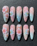 3D Cherry Blossom Press-On Nails | Pink Blue Ombre Floral Almond Nails | Custom Press-On Nails — LuxepressCo