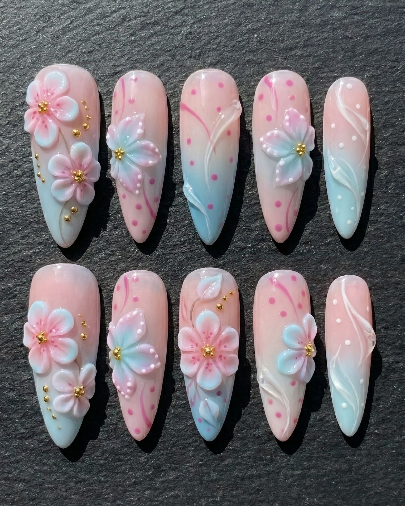 3D Cherry Blossom Press-On Nails | Pink Blue Ombre Floral Almond Nails | Custom Press-On Nails — LuxepressCo