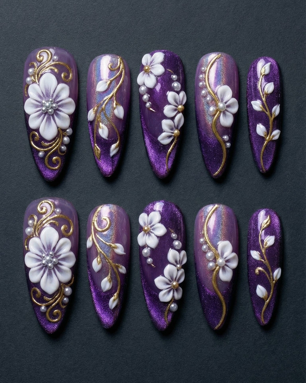 3D White Floral Press-On Nails Purple Chrome | Gold Vine Pearl Almond Nails | Custom Press-On Nails — LuxepressCo