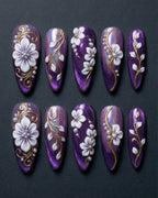 3D White Floral Press-On Nails Purple Chrome | Gold Vine Pearl Almond Nails | Custom Press-On Nails — LuxepressCo